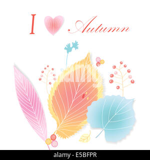 Colori d'autunno foglie e bacche su sfondo bianco Foto Stock