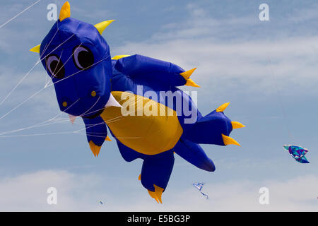Lytham St Annes, Blackpool, 26 luglio, 2014. St. Annes kite festival. I cieli sopra di St Annes lungomare sono stati inondati di colore come favoloso display aquiloni ha preso all'aria sulla spiaggia adiacente al molo. La manifestazione ha ospitato a linea singola aquiloni di tutte le forme e dimensioni, comprese le vacche volanti, mante, un gigantesco orso di peluche, cani e persino gli ippopotami insieme con 2 linea e 4-line stunt kites. Credito: Mar fotografico/Alamy Live News. Foto Stock
