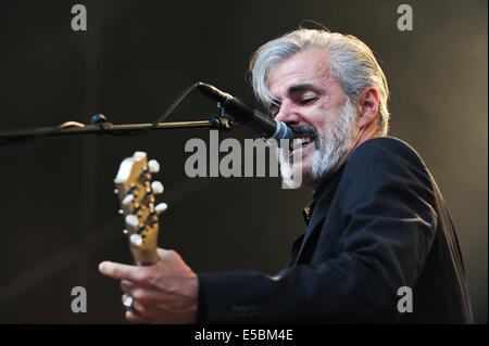 Lšrrach, Germania. 26 Luglio, 2014. Ruben blocco (vocals, chitarra) dal belga di rock band Triggerfinger esegue live at Stimmen (voci) music festival in Lšrrach, Germania. Foto: Miroslav Dakov/ Alamy Live News Foto Stock