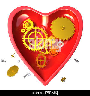 Rotto cuore meccanico o orologio rosso come il cuore aperto con la precisione di un orologio. Concettuale e metaforico 3d illustrazione Foto Stock