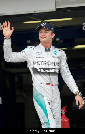 Mogyorod, Ungheria. 27 Luglio, 2014. Mercedes driver di Formula Uno Nico Rosberg di Germania reagisce dopo aver vinto la sessione di qualifiche della F1 grande Prix ungherese a Hungaroring a Mogyorod, Ungheria il 26 luglio 2014. Nico Rosberg ha conquistato la pole position. Questa è la sua sesta pole position dell'anno. (Xinhua/Jure Makovec) Foto Stock