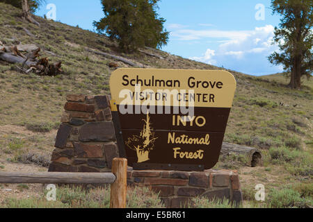 La Schulman Grove visitor center segno all'antica foresta Bristlecone nella Foresta Nazionale di Inyo Foto Stock