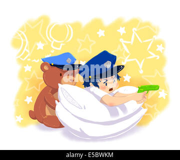 Immagine illustrativa del ragazzo in uniforme della polizia mira con la pistola da orsacchiotto di peluche che rappresentano l'aspirazione Foto Stock