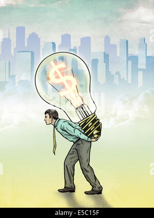 Immagine illustrativa di imprenditore che porta lampadina con simbolo del dollaro che rappresenta il profitto