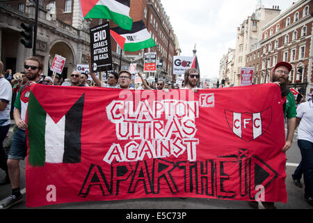 Londra, Regno Unito. 26 Luglio, 2014. Decine di migliaia di manifestanti hanno marciato nel centro di Londra per mostrare il loro sdegno contro l'assalto israeliano su Gaza. Credito: Kristian Buus/Alamy Live News Foto Stock