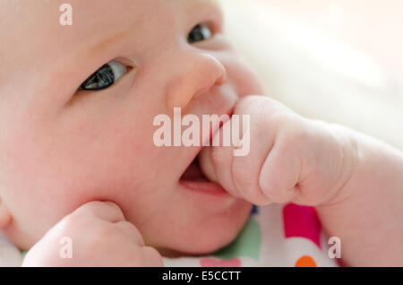 Bambina di tre settimane di mordere pugno guardando la fotocamera Foto Stock