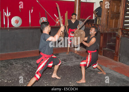 Dimostrazione di Kalaripayattu, una forma di arti marziali e un precursore di Karate e re-fu, in un'area speciale chiamato Kalari Foto Stock