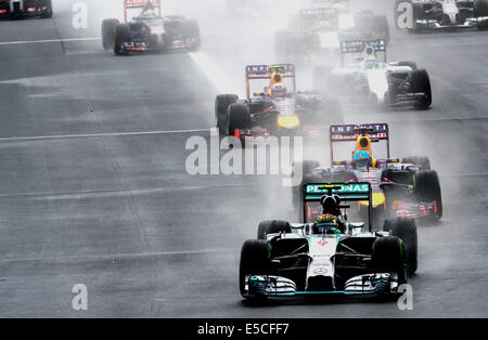 Mogyorod, Ungheria. 27 Luglio, 2014. I piloti si sfidano in F1 grande Prix ungherese a Mogyorod, Ungheria il 27 luglio 2014. Daniel Ricciardo ha vinto il Gran Premio di Ungheria in 1 ora 53 minuti e 5.058 secondi. Questa vittoria segna Ricciardo la seconda vittoria della stagione, dopo il Gran Premio del Canada in giugno. Credito: Jure Makovec/Xinhua/Alamy Live News Foto Stock