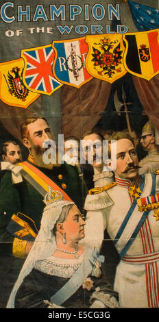 • Campione del Mondo James J. Corbett sotto la gestione di Wm. A. Brady. Poster di recente "incoronato campione del mondo' boxer James J. Corbett incontro con i leader politici e altre personalità provenienti da diversi paesi europei. Corbett è mostrato stringono le mani con William E. Gladstone, Primo Ministro dell'Inghilterra. Tra i leader in presenza sono: Victoria, regina di Gran Bretagna; Léopold II, re dei Belgi; Kaiser Wilhelm II; Emile Loubet, Presidente della Francia; Umberto I, re d'Italia; Franz Joseph I, imperatore d'Austria; Alexander III, l'imperatore di Russia, circa 1894 Foto Stock