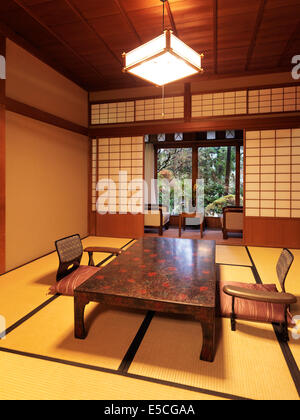 Ryokan tradizionale giapponese interno camera con vista giardino in Gero, Giappone Foto Stock