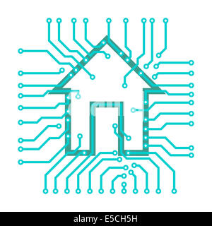 Collegate il simbolo home illustrazione concettuale di circuiti per circuito stampato con un simbolo della casa isolata su sfondo bianco. Vector illustrat Foto Stock