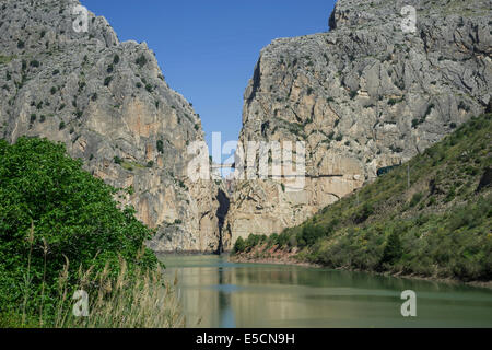 Rio Guadalhorce con Il Caminito del Rey via ferrata, Alora, Andalusia Canyon e Via Ferrata Foto Stock