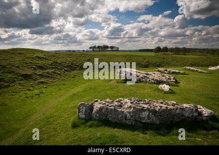 Arbor Neolitico bassa recumbent cerchio di pietra e henge monumento nel Derbyshire, Regno Unito Foto Stock