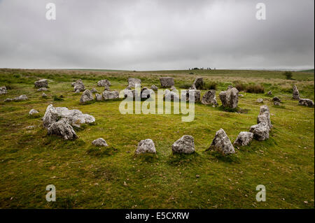 Yellowmead Età del Bronzo concentrici cerchi di pietra sul Dartmoor Devon, Regno Unito Foto Stock