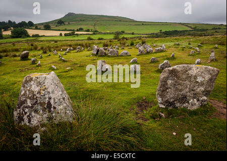 Yellowmead Età del Bronzo concentrici cerchi di pietra sul Dartmoor Devon, Regno Unito Foto Stock