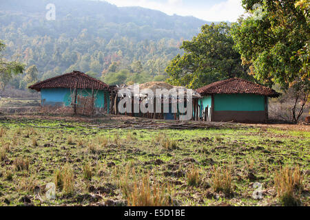 Case tribali. Baiga tribù, Karangra Village, Chattisgadh, India Foto Stock