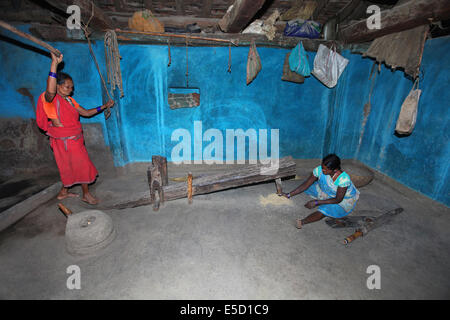 Dheki, (in legno tradizionali thrasher riso). Baiga tribù, Karangra Village, Chattisgadh, India Foto Stock