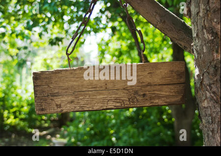 Il vecchio segno di legno su una catena appesa a un albero Foto Stock