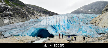 Jostedal, Norvegia. 16 Luglio, 2014. I turisti a stare di fronte del ghiacciaio Nigardsbreen braccio del ghiacciaio di Jostedal Jostedalsbreen nel Parco Nazionale di Jostedal vicino, Norvegia, 16 luglio 2014. Jostedal Glacier è il più grande ghiacciaio in Europa continentale. Foto: Patrick Pleul /dpa - NESSUN SERVIZIO DI FILO-/dpa/Alamy Live News Foto Stock