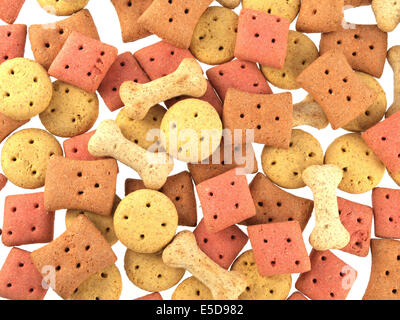 Close up assortiti di forma biscotti di cane su uno sfondo bianco. Foto Stock