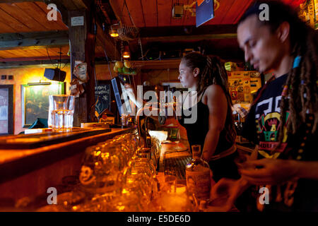 Il personale del pub di Praga al bar di Praga "Znama firma", i pub della Repubblica Ceca di Praga Zizkov Foto Stock