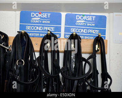 Horse Show premi con briglie appeso in una casa colonica in Dorset Regno Unito Foto Stock