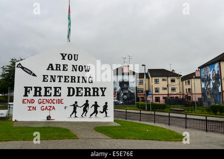 Derry, Londonderry, Irlanda del Nord - 29 luglio 2014 Pro-Palestinian Slogan dipinta su Free Derry Wall. Slogan Pro-Palestinian dipinto sul iconico punto di riferimento, Free Derry Wall, nel Bogside nazionalista. Credito: George Sweeney/Alamy Live News Foto Stock