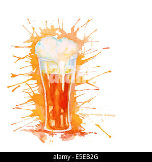Acquerello un bicchiere di birra fresca con schiuma e spruzzi isolati su sfondo bianco Foto Stock