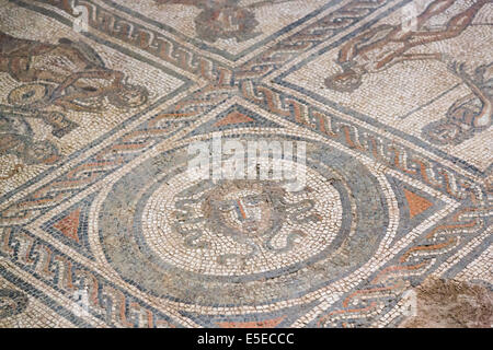 Parte del mosaico romano pavimento in Brading Villa Romana, Isle of Wight, Regno Unito- la testa della Medusa con i serpenti per capelli Foto Stock