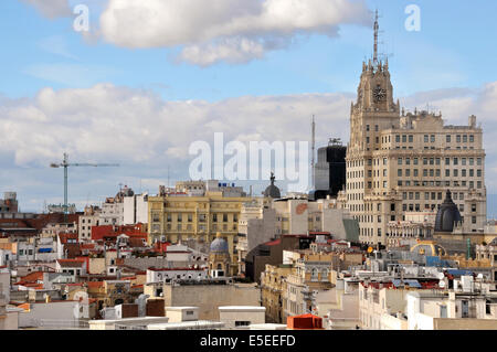 Parte della skyline di Madrid, visto dal tetto del Circulo de Bellas Artes. Sulla destra si trova lo storico edificio di Telefonica Foto Stock