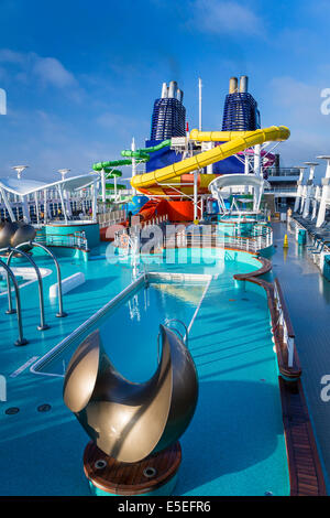 Il ponte 15 con piscine e scivoli sulla Norwegian Epic la nave di crociera. Foto Stock