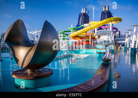 Il ponte 15 con piscine e scivoli sulla Norwegian Epic la nave di crociera. Foto Stock