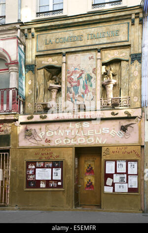 Francia, parigi 14e, montparnasse, rue de la gaite, teatro, la comedie italienne, facciata decorazione, comedia del arte, Foto Stock