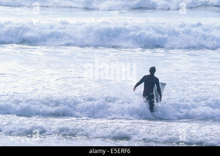 Francia, Bretagne, finistere sud, cap sizun, cornouaille, surfeur, vago, spot, Baie des Trepasses Foto Stock