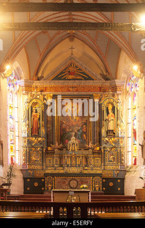 Francia, Bretagne, finistere nord, circuito des enclos paroissiaux, sizun, enclos paroissial, retable de l'eglise, Foto Stock