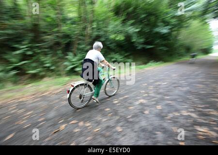 Francia, basse Normandie, manche, Pays de la baie, voie verte, saint hilaire du harcouet, ciclistes, velo, Foto Stock