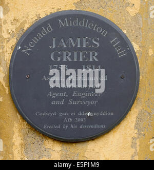 Segno di placca 'James Grier' al Principato House, Middleton Hall, Welsh National Botanic Garden, Carmarthenshire, Wales, Regno Unito. Foto Stock