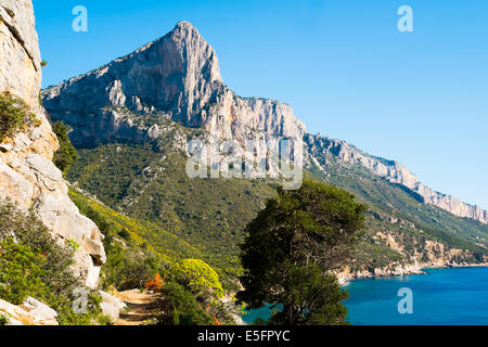 Trekking lungo la costa forma Pedra Longa, Baunei, Sardegna, Italia Foto Stock