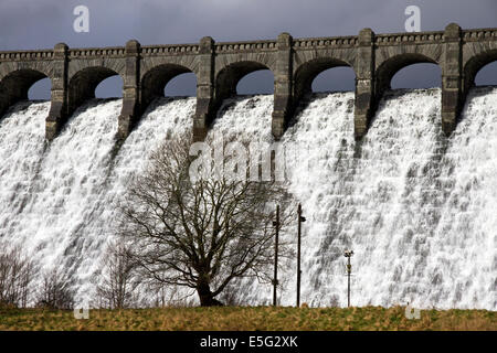 La diga e il ponte, Lake Vyrnwy (serbatoio Vittoriano) Montgomeryshire, Powys, Wales, Regno Unito Foto Stock