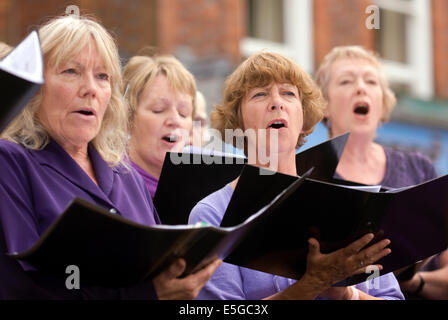 La comunità locale gruppo di coro nella bella voce per le celebrazioni del centenario della prima guerra mondiale il conflitto, Petersfield, Hampshire, Regno Unito. Foto Stock