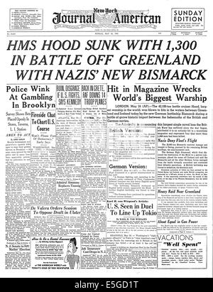 1941 New York Journal American front page reporting corazzata inglese HMS Hood affondato dal tedesco corazzata Bismark Foto Stock