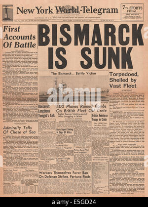 1941 New York World telegramma (USA) front page tedesco di reporting corazzata Bismark affondato dalla Royal Navy Foto Stock