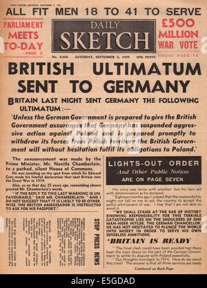 1939 Daily Sketch pagina anteriore reporting GRAN BRETAGNA invia ultimatum alla Germania e promette di stand by Polonia Foto Stock