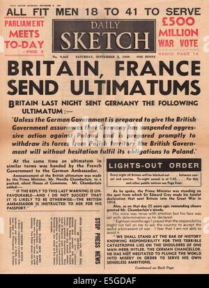 1939 Daily Sketch pagina anteriore reporting GRAN BRETAGNA invia ultimatum alla Germania e promette di stand by Polonia Foto Stock