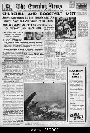 1941 Evening News (Londra) pagina anteriore reporting Winston Churchill e Roosevelt Atlantico colloqui sulla carta Foto Stock