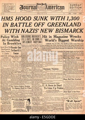 1941 New York ufficiale americano (USA) front page tedesco di reporting corazzata Bismark affonda cappa HMS Foto Stock