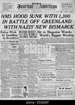 1941 New York ufficiale americano (USA) front page tedesco di reporting corazzata Bismark affonda cappa HMS Foto Stock