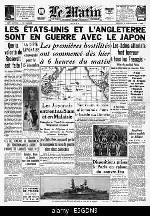 1941 Le Matin (Francia) pagina anteriore segnalato la Gran Bretagna e gli Stati Uniti dichiarano guerra al Giappone Foto Stock