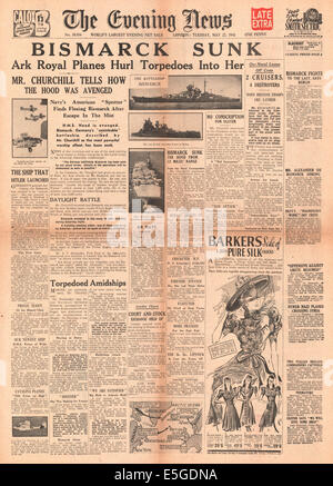 1941 Evening News (Londra) pagina anteriore reporting Marina Britannica affondare la Bismarck Foto Stock