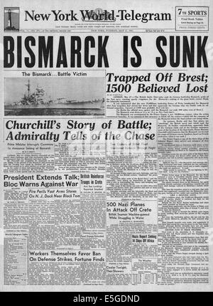 1941 New York World telegramma (USA) pagina anteriore reporting Marina Britannica affondare la Bismarck Foto Stock